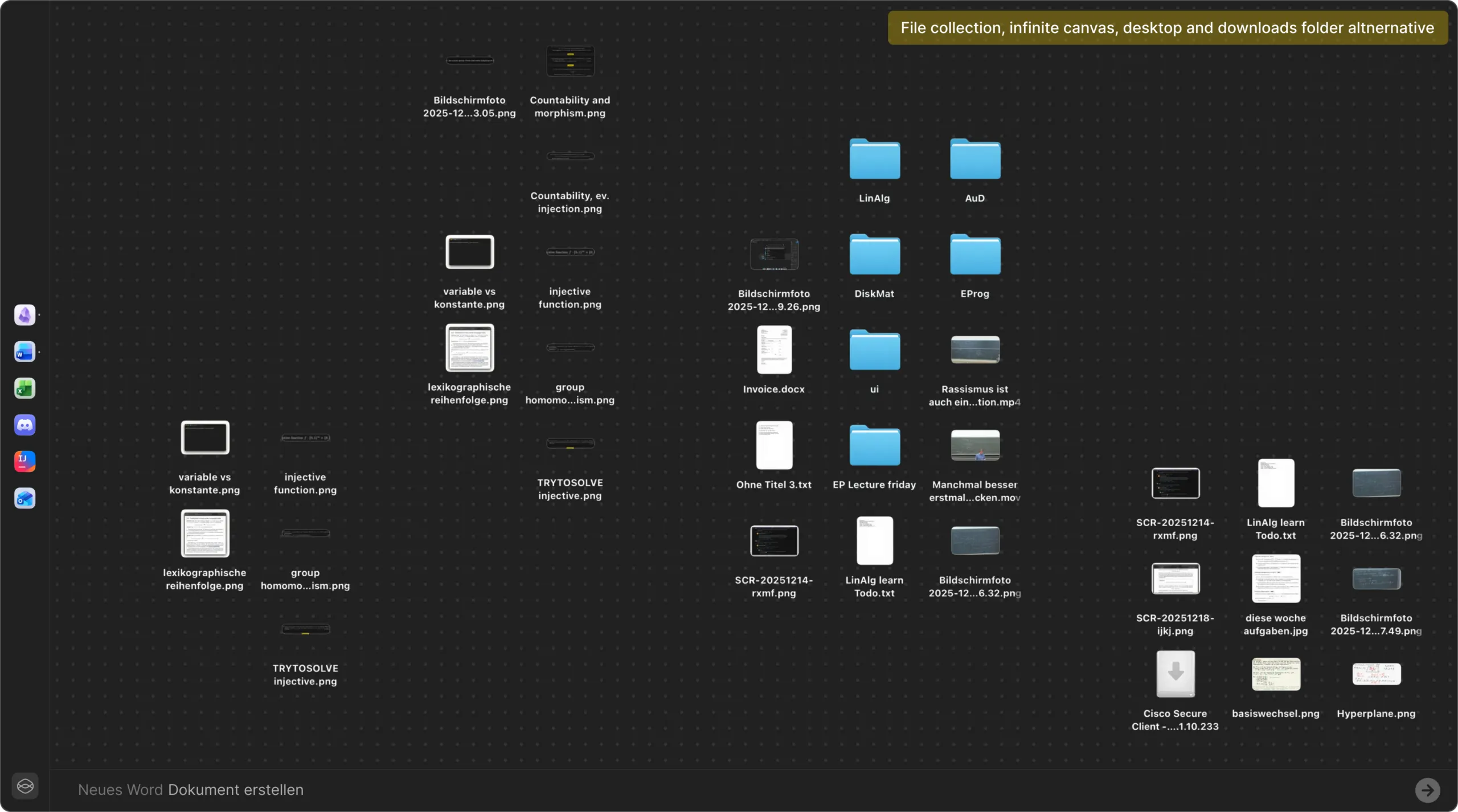 A concept file view: an infinite canvas of loosely grouped documents, screenshots and folders instead of a list.