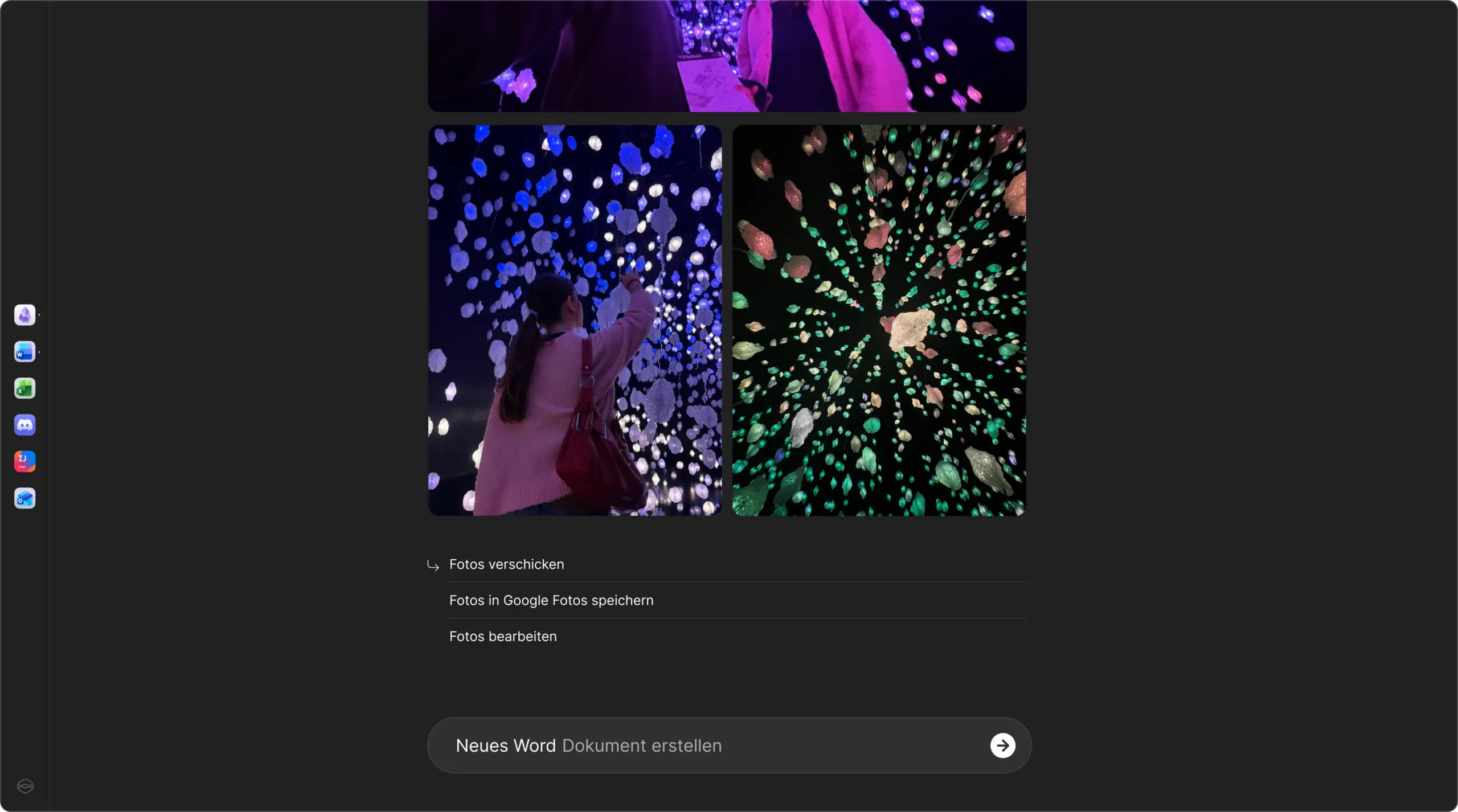 A concept interface showing a set of photographs above suggested next actions — send them, save them, edit them.