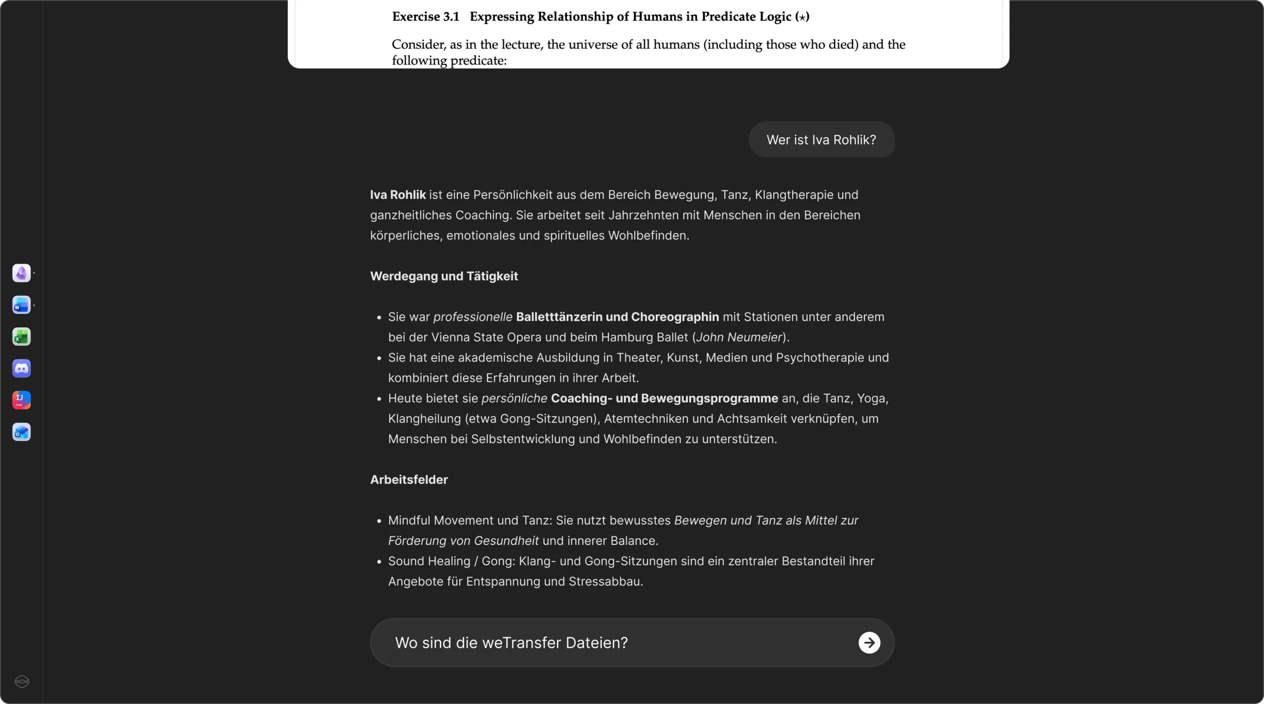 The concept interface answering a typed question, with the next query already forming in the command bar.